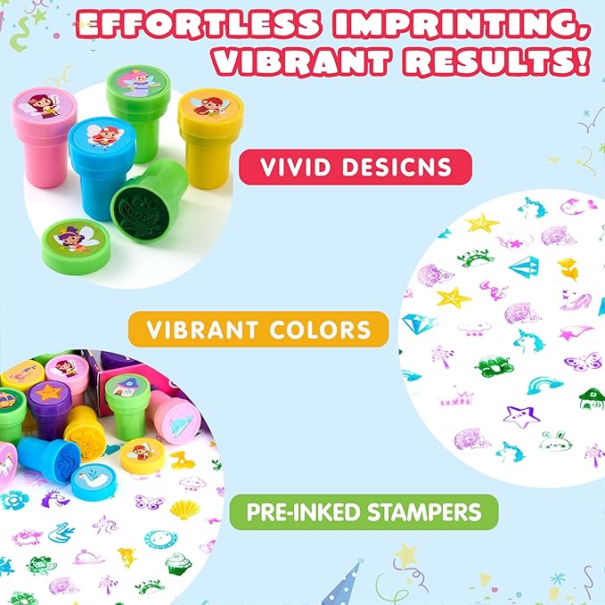 JOYIN 50 Pcs FairyTale's Themed Stamps for Kids - Self-Ink Stamps with 50 Designs for Birthday Party Favor, Carnival Prizes, Goodie Bag, Halloween, Christmas (Mermaid, Princess, Unicorn Stampers)