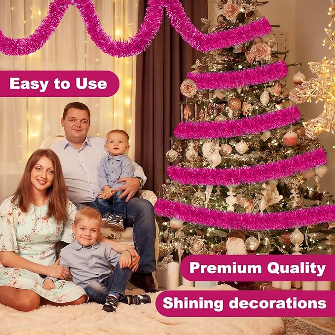 25 Feet Fuchsia Christmas Tinsel Garland, Metallic Foil Twist Banner Wall Hanging Tinsel Streamers Backdrop for Parade Floats, Christmas, Mother's Day, Birthday Party Decorations(4in x 25ft)