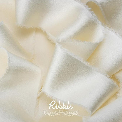 Ribbli Ivory Silk Satin Ribbon 1.5 Inch x 12 Yard Handmade Frayed Chiffon Ribbon with Wooden Spool for Gift Wrapping, Wedding Invitations, Bridal Bouquets, Home Decor