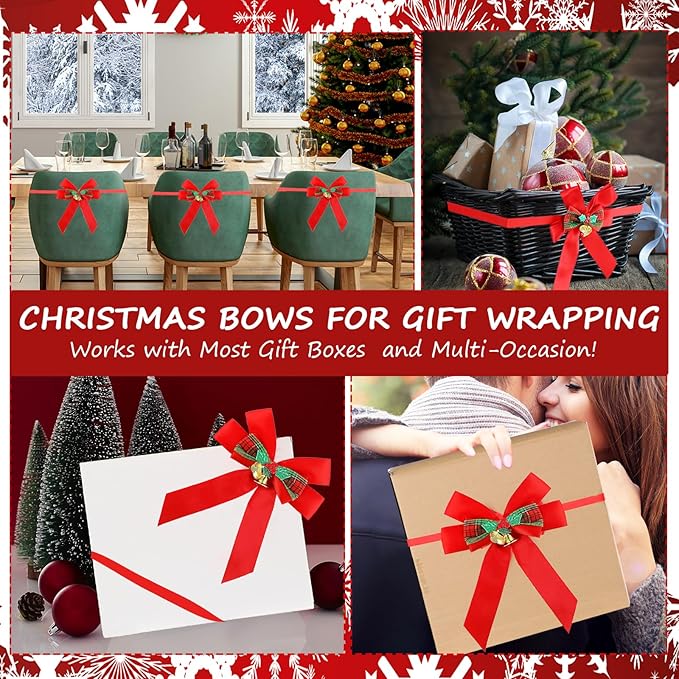 Christmas Bows for Gift Wrapping, 24 Elastic Red Stretch Loops with Bows,3 Sizes Red Bows Ribbon Crafts Perfect Boxes, Party Favors and Weddings