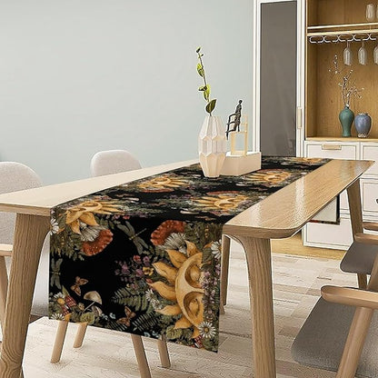Sun Moon Table Runner, Bohomian Mushroom Daisy Table Gothic Dragonly Butterfly Table Center Decor Table Runner for Indoor Outdoor Party Kitchen Dinner Black, 13x36 Inch