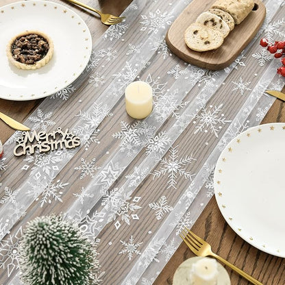 Artoid Mode Silver Snowflakes Christmas Gauze Table Runner 120 Inch 10FT, Seasonal Sheer Winter Kitchen Dining Holiday Wedding Table Decor for Home Party