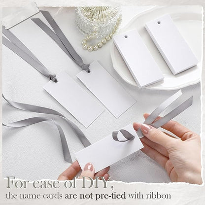 50 Pcs Name Place Cards for Table Setting Blank Wedding Place Cards with Satin Ribbon 1.57 x 3.54 Inch Hanging Gift Tags for Wedding Dinner Banquet Party Table Setting Supplies (Silver)