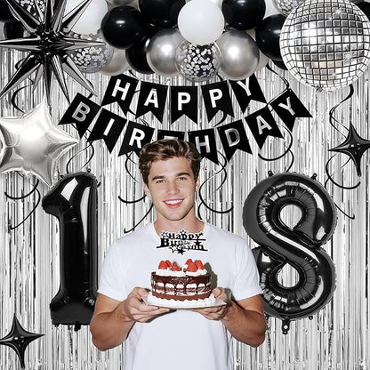18th Birthday Decorations for Boys Girls, Black Silver Happy Birthday Party Decorations， 18 Year Old Party Supplies with Number 18 Balloons, Banner, Fringe Curtains Kit