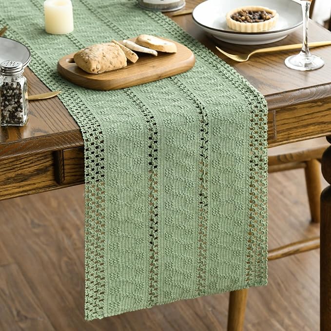 Artoid Mode Light Green Farmhouse Woven Rustic Hollow Table Runner, Seasonal Holiday Hollow Kitchen Dining Table Decoration for Home Party Decor 12x90 Inch