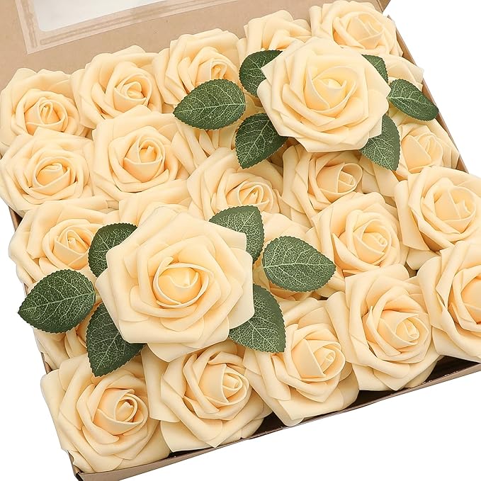 Floroom Artificial Flowers 50pcs Real Looking Creamy Yellow Foam Fake Roses with Stems for DIY Wedding Bouquets Bridal Shower Centerpieces Floral Arrangements Party Tables Home Decorations