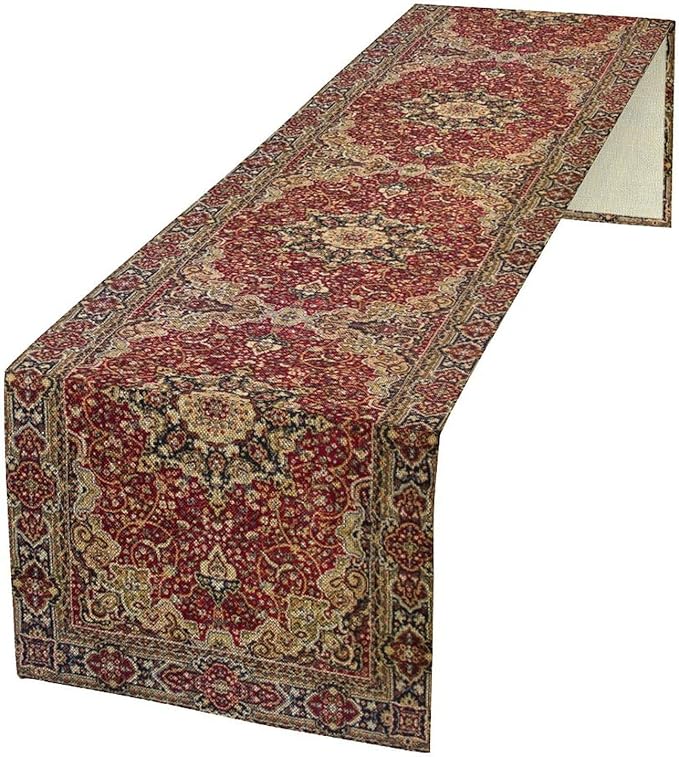 Vintage Boho Floral Table Runner, Rustic Country Farmhouse Red Gold Bohemia Flower Pattern for Home Kitchen Table Decor Dining Coffee Room Party Decor 13x60in