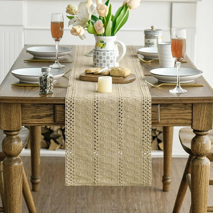 Artoid Mode Burlap Brown Farmhouse Woven Rustic Hollow Table Runner, Seasonal Holiday Hollow Kitchen Dining Table Decoration for Home Party Decor 12x90 Inch