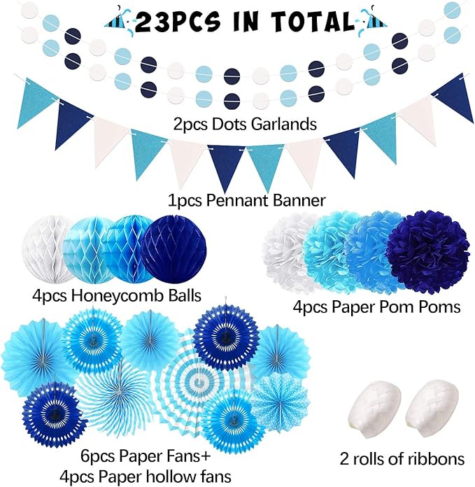 Navy-Light Blue Party Decorations, 23Pcs Hanging Paper Fans Party Decorations with Honeycomb Ball, Pom Poms Flowers for Boy Men Birthday Decoration, Bridal Shower,Baby Boy Showers,Wedding