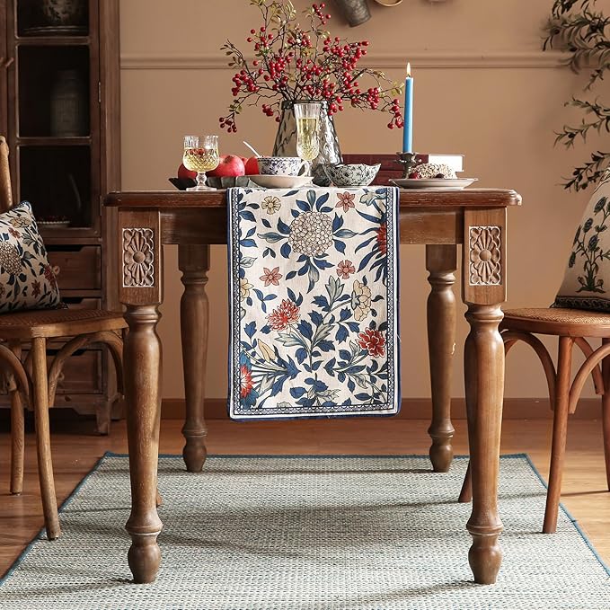 patdrea Designer Blue Cottage Rustic Floral Patterned Linen Table Runner 71 Inch Long,Wrinkle Resistant Table Mat,Decoration for Kitchen Dining and Coffee Tables Banquet Christmas , 12"x71"