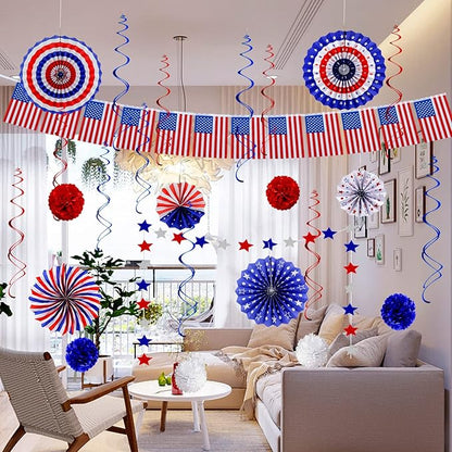 26Pcs 4th of July Decorations Patriotic Decor USA Flag String Red White Blue Paper Fans Star Streamer Pom Poms Hanging Swirls for Memorial Day,Fourth of July,Armed Forces Day,Flag Day