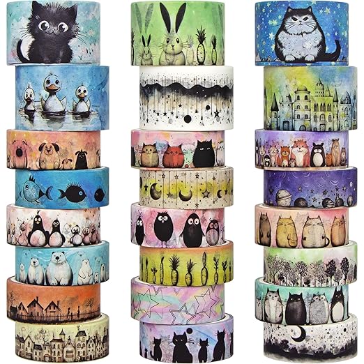 Cute Washi Tape Set - 24 Rolls Kawaii Animals Decorative Washi Tape for Scrapbooking Supplies, Bullet Journal Supplies, Junk Journal, Kids Art Craft Tape