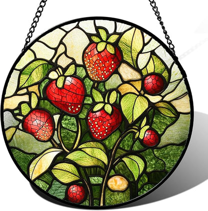 Stained Glass Window Hanging - Red Strawberry Suncatcher for Doors Window Home Green Plant Sun Catchers Decor Christmas Mother's Day Birthday Gifts for Teacher Women Men Mom Nana 7.8 in