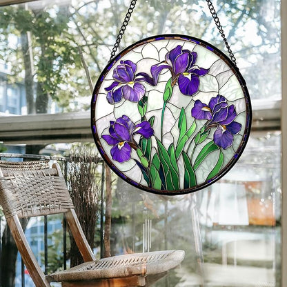 Stained Glass Window Hanging - Purple Iris Flower Sun Catcher for Door Terrace Garden Home Decor, Green Plants Suncatcher Birthday Gifts for Lovers Women Men Dad Mom Nana 15 in
