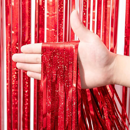 2 Pack Laser Red Foil Fringe Backdrop Curtains, Tinsel Streamers Birthday Party Decorations, Fringe Backdrop for Graduation, Baby Shower, Gender Reveal, Disco Party