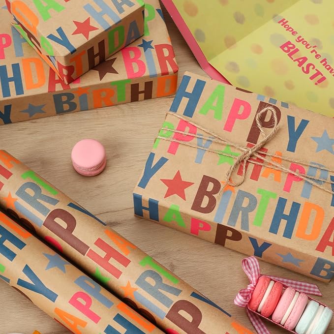 LaRibbons Birthday Wrapping Paper Roll for Kids, 17 Inch x 16.5 Feet Kraft Gift Wrap Paper with Colorful Text Happy Birthday Pattern for Boys Holiday Party