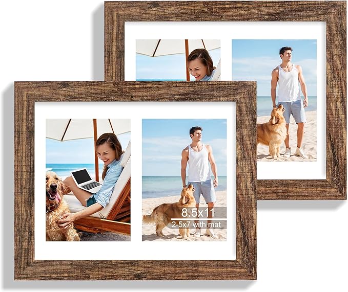 8.5x11 Picture Frame Set of 2, Rustic Brown Certificate Document Frames with Glass Collage Frame, Display Pictures Two 5x7 With Mat or 8.5 x 11 Without Mat for Wall Hanging or Tabletop