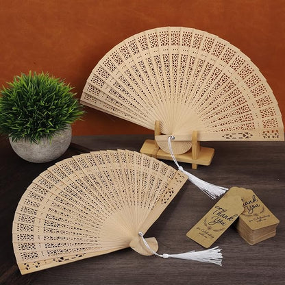 Aodaer 100 Pieces Wooden Folding Fan Sandalwood Folding Hand Fan Openwork Vintage Chinese Fan with White Tassel, Organza Bag and Greeting Cards for Wedding Birthday Party Favors Home Decorations