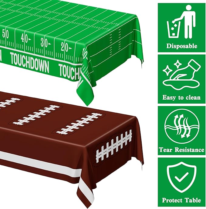 QZYL Football Party Decorations 2025, Disposable Football Tablecloth, 2 PCS Brown Green Decoration Runner, Game Day Theme Table Cloth, Plastic Table Cover for Game Day Touchdown Party Supplies