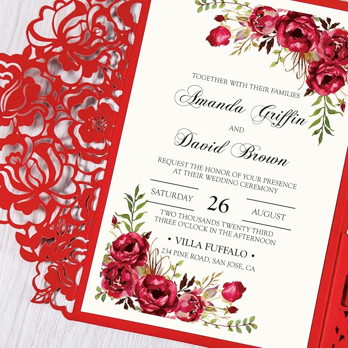 DORIS HOME 50pcs Laser Cut Wedding Invitations with Envelopes Red, 4.7x7.1 Personalized Invitation Cards for Wedding, Anniversary Invitations with Envelopes