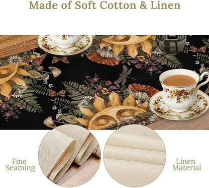 Sun Moon Table Runner, Bohomian Mushroom Daisy Table Gothic Dragonly Butterfly Table Center Decor Table Runner for Indoor Outdoor Party Kitchen Dinner Black, 13x60 Inch