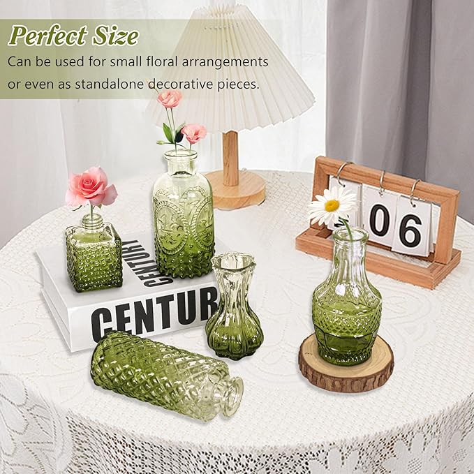 Set of 40 Glass Bud Vases, Small Green Glass Vases in Bulk, Mini Vintage Embossed Flower Vase for Wedding, Centerpieces, Birthday Party, Baby Shower, Home Table Decorations (Green)