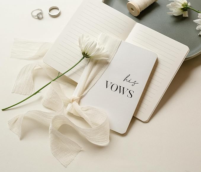 White Vow Books with Ribbons (Set of 2) - 5.625 x 4 Minimalist Pocket Sized Wedding Ceremony Vow Renewal Speech, Gift for Bride to Be & Newly Engaged Couple, 48 Lined Pages