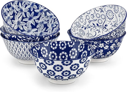 vancasso SELENE 24 oz Cereal Bowls set of 6, Ceramic Soup Bowls for Kitchen, Dishwasher & Microwave Oven Safe- for Cereal, Soup, Pasta, Salad, Blue & White Floral Design Bowl Set