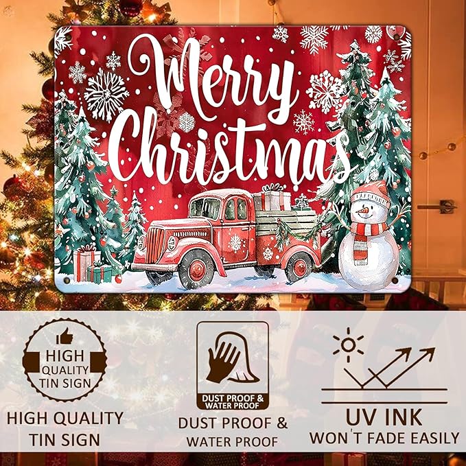 Christmas Truck Metal Tin Sign Merry Christmas Sign Funny Snowman Tin Sign Christmas Tree House Decoration for Indoor Home House Decor Party Supplies 12x16Inch