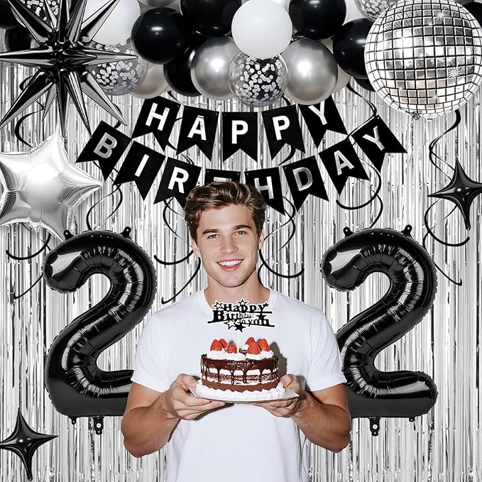 22nd Birthday Decorations for Men Women, Black Silver Happy Birthday Party Decorations， 22 Year Old Party Supplies with Number 22 Balloons, Banner, Fringe Curtains Kit
