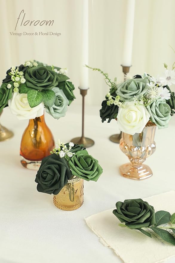 Floroom Artificial Flowers 25pcs Real Looking Forest Green Ombre Colors Foam Fake Roses with Stems for DIY Wedding Bouquets Bridal Shower Centerpieces Sage Green Floral Arrangements Decorations