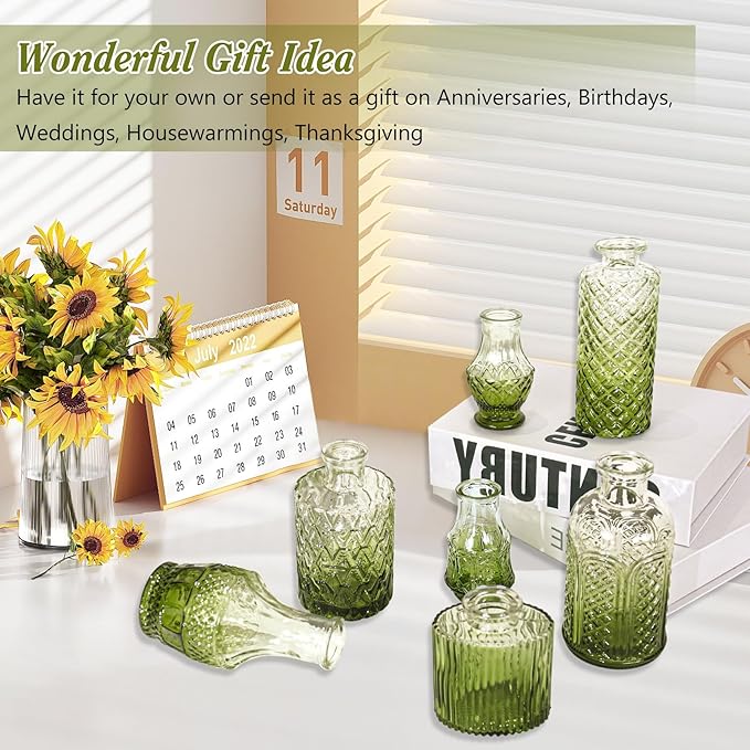Set of 40 Glass Bud Vases, Small Green Glass Vases in Bulk, Mini Vintage Embossed Flower Vase for Wedding, Centerpieces, Birthday Party, Baby Shower, Home Table Decorations (Green)