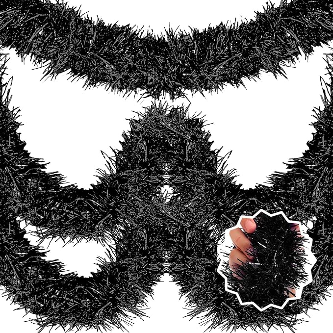 25 Feet Black Christmas Tinsel Garland, Metallic Foil Twist Banner Wall Hanging Tinsel Streamers Backdrop for Parade Floats, Christmas, Mother's Day, Birthday Party Decorations(4in x 25ft)