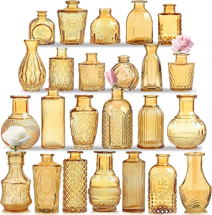 Amber Gold Glass Bud Vases Set of 24, Vintage Small Vases for Flowers, Clear Crystal Mini Style in Bulk, Small Flower Glass for Centerpieces Wedding Decorations Home Party Decor