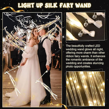 100 Pcs Wedding Wands Ribbon with 3 Colorful Flashing Modes, Light up LED Silk Fairy Wands, Glow Lace Stick with Bells for Wedding Reception, Graduation, New Year, Birthday Party (Warm White)