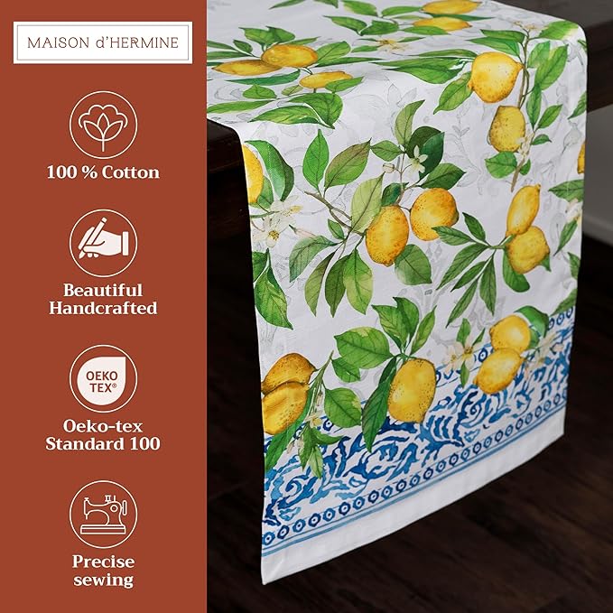 Maison d' Hermine Table Runner 100% Cotton Single Layer Table Runners 72 inches Long Decorative for Home Kitchen Dining Party Baby Shower Wedding Bridal Shower Spring Summer (Cedrat, 14.50" x 72")