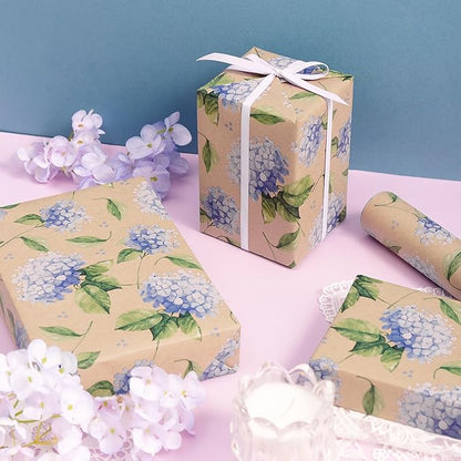 RUSPEPA Hydrangea Wrapping Paper for Women Girls, Mini Roll, Delicate Blooming Floral Gift Wrap, Aesthetic Purple Flower Kraft Paper for Spring, Wedding, Mother's Day, Birthday, 17 Inch x 16.4 Feet