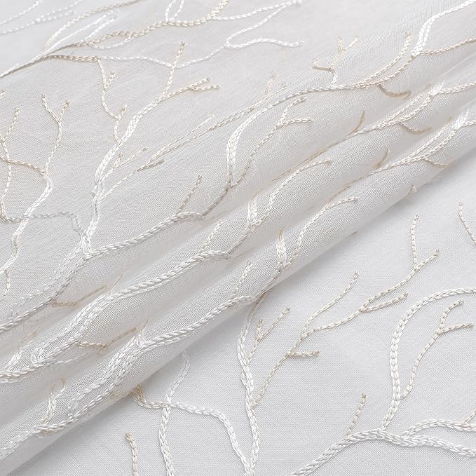 VISIONTEX Sheer Curtains 72 inch Length 2 Panels Set, Decorative Beige Coral Embroidery, Rod Pocket Embroidered Window Drapes for Living Room and Bedroom, 54" x 72"