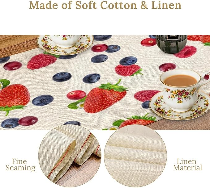 Strawberry Table Runner Spring Summer Fruit Wild Berry Forest Garden Dinner Runner for Farmhouse Party Holiday Home Kitchen Dining Table Decor 13x36