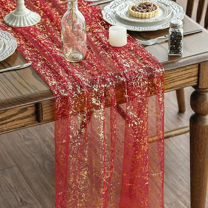 Artoid Mode Red Gold Gauze Table Runner 120 Inch 10FT, Glitter Metallic Foil Sheer Dining Wedding Anniversary Holiday Table Decor for Home Party