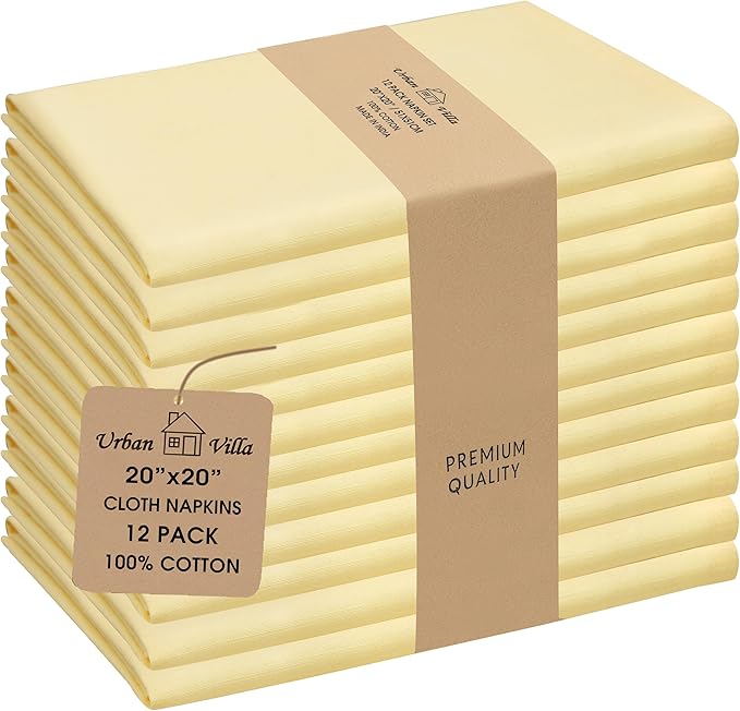 Urban Villa Fall Cloth Napkins 100% Cotton Slub Absorbent Dinner Napkins (Set of 12) Oversized 20x20 Inches Solid Yellow Color Soft Durable Reusable Washable Ideal for Everyday Use Wedding Parties