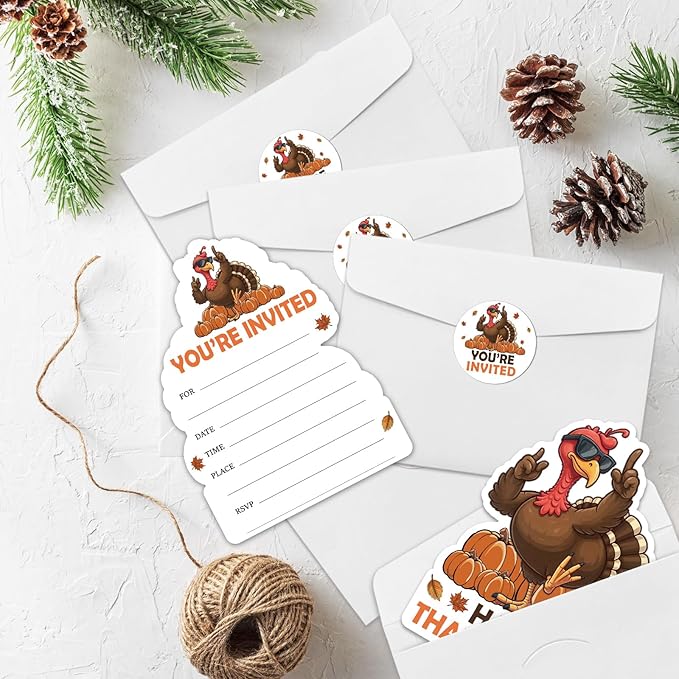 REWIDPARTY 15 Sets Thanksgiving Party Invitations with Envelopes Stickers, Pumpkin Turkey Shaped Fill-in Invitation Cards, Thanksgiving Dinner Invites, Funny Fall Party Supplies for Family Friend