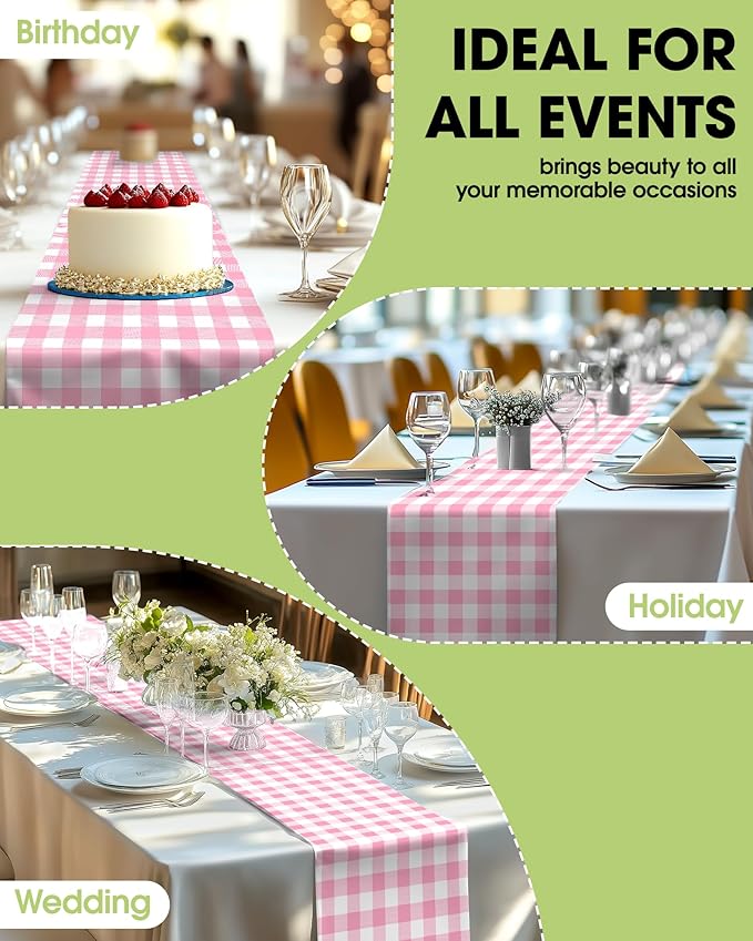 Pureegg Gingham Plastic Table Runners - 10 Pack, 14'' x 108'', Water Resistant & Disposable Plaid Centerpiece Decorations for Table Cloth, Birthday, Holiday, Party, Pink and White Checkered Home Decor