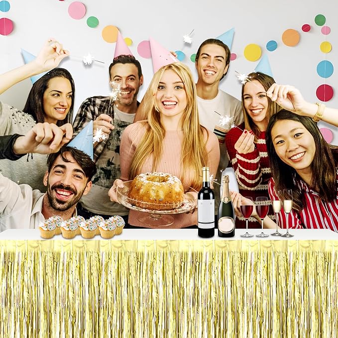 3 Pack 29x108 Inch Light Gold Foil Fringe Table Skirts Metallic Banner for Tinsel Streamer Garland Backdrop for Parade Floats Wedding Thanksgiving Birthday Christmas Halloween Party Decoration