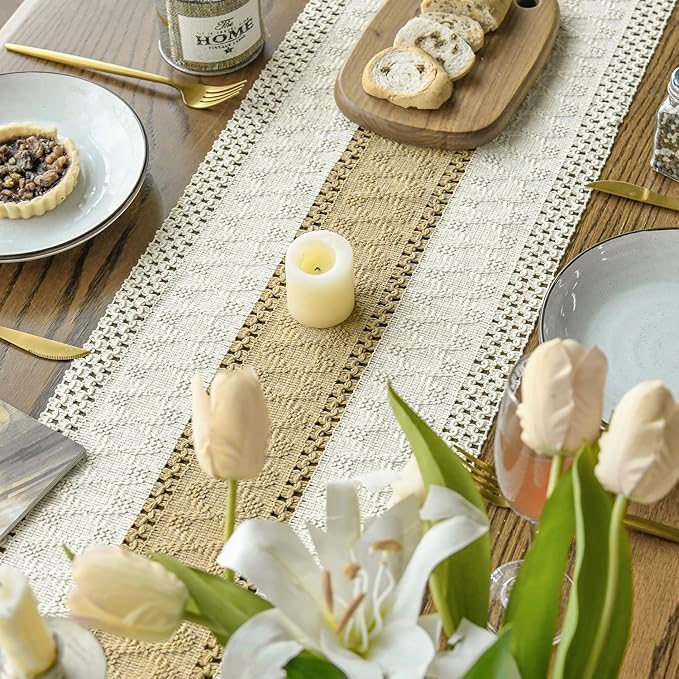 Artoid Mode Burlap Brown Farmhouse Rustic Table Runner, Seasonal Holiday Hollow Kitchen Dining Table Decoration for Home Party Decor 12x108 Inch