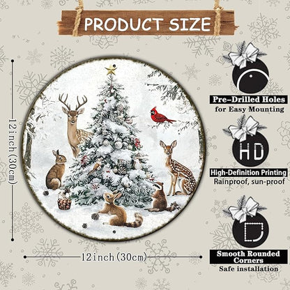 Round Christmas Snow Animals Metal Tin Sign - Vintage Christmas Tree & Winter Sign for Home & Outdoor Decorations - 12 * 12 in
