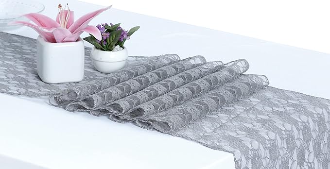 MDS Pack of 25 Wedding 12 x 108 inches Lace Table Runner for Wedding, Decorations for Birthday Parties, Banquets, Graduations, Engagements, and Runners fit Rectangle, Round Table- Silver Gray