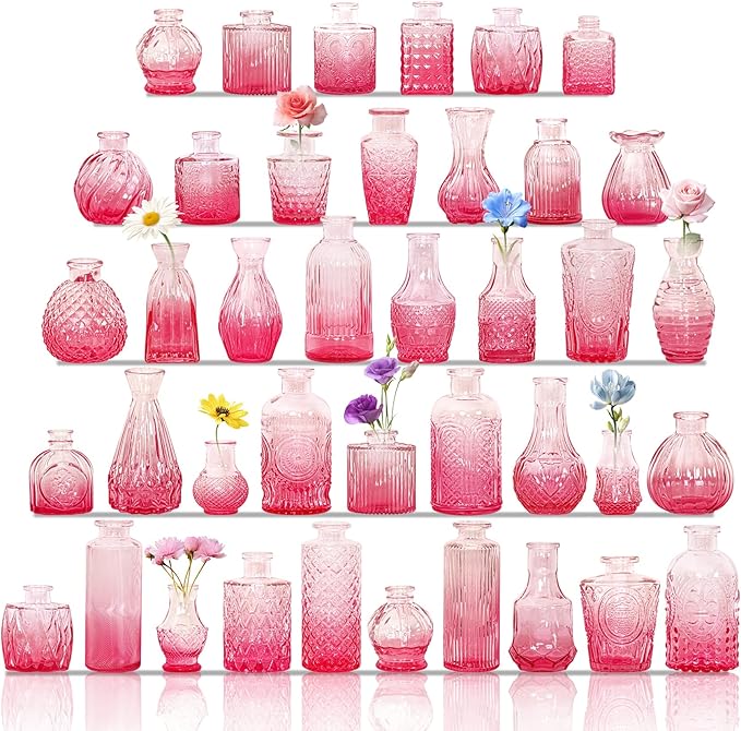 Set of 40 Glass Bud Vases, Small Pink Glass Vases in Bulk, Mini Vintage Embossed Flower Vase for Wedding, Centerpieces, Birthday Party, Baby Shower, Home Table Decorations (Pink)