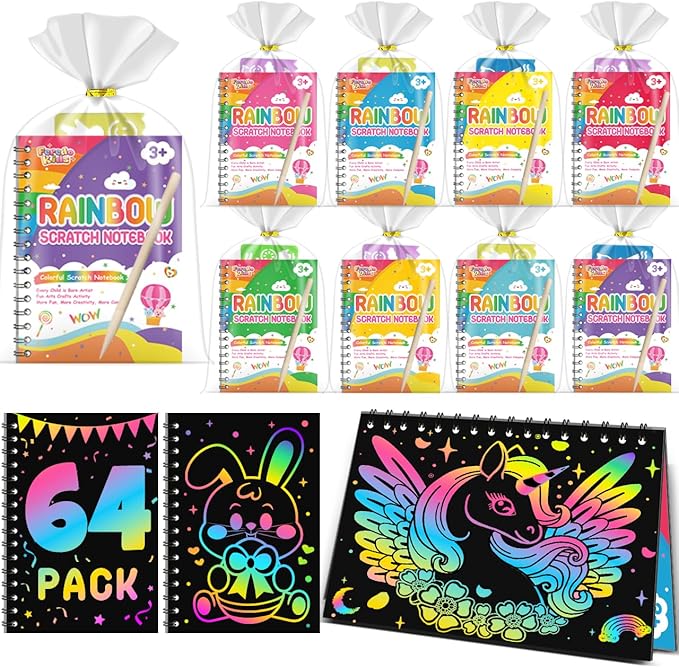 Scratch Art Party Favors for Kids: 64 Pack Rainbow Scratch Art Notebook Classroom Prizes Gifts Bulk for Girls Boys Goodie Bags Stuffers, Return Gifts for Birthday Party Favors Bulk Kids Crafts