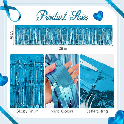 8 Pack Lake Blue Table Skirts, 29x108" Metallic Foil Tinsel Fringe Table Skirts for Rectangle Tables Streamer Curtains Backdrop, Party Decorations for Birthdays Weddings Holidays